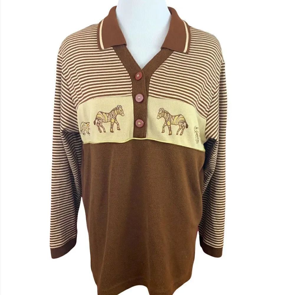 Vintage 80’s brown striped safari theme collar top
